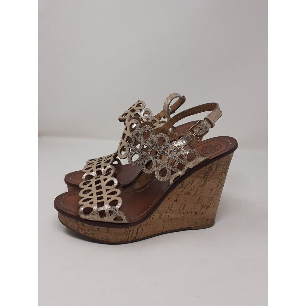 Tory Burch Cream and Brown Wedge Sandals